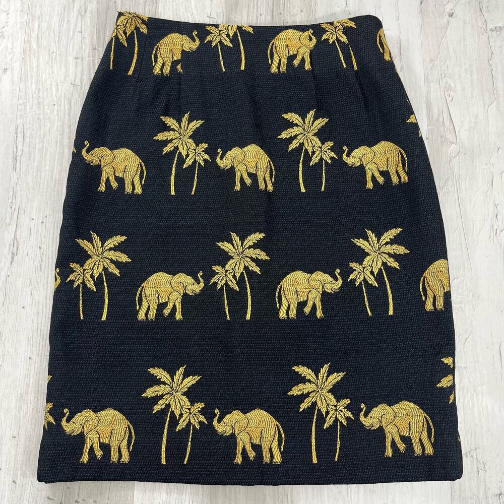 Vintage Steven Stolman Elephant & Palm Tree Pencil Skirt Black Gold Tweed Size 8